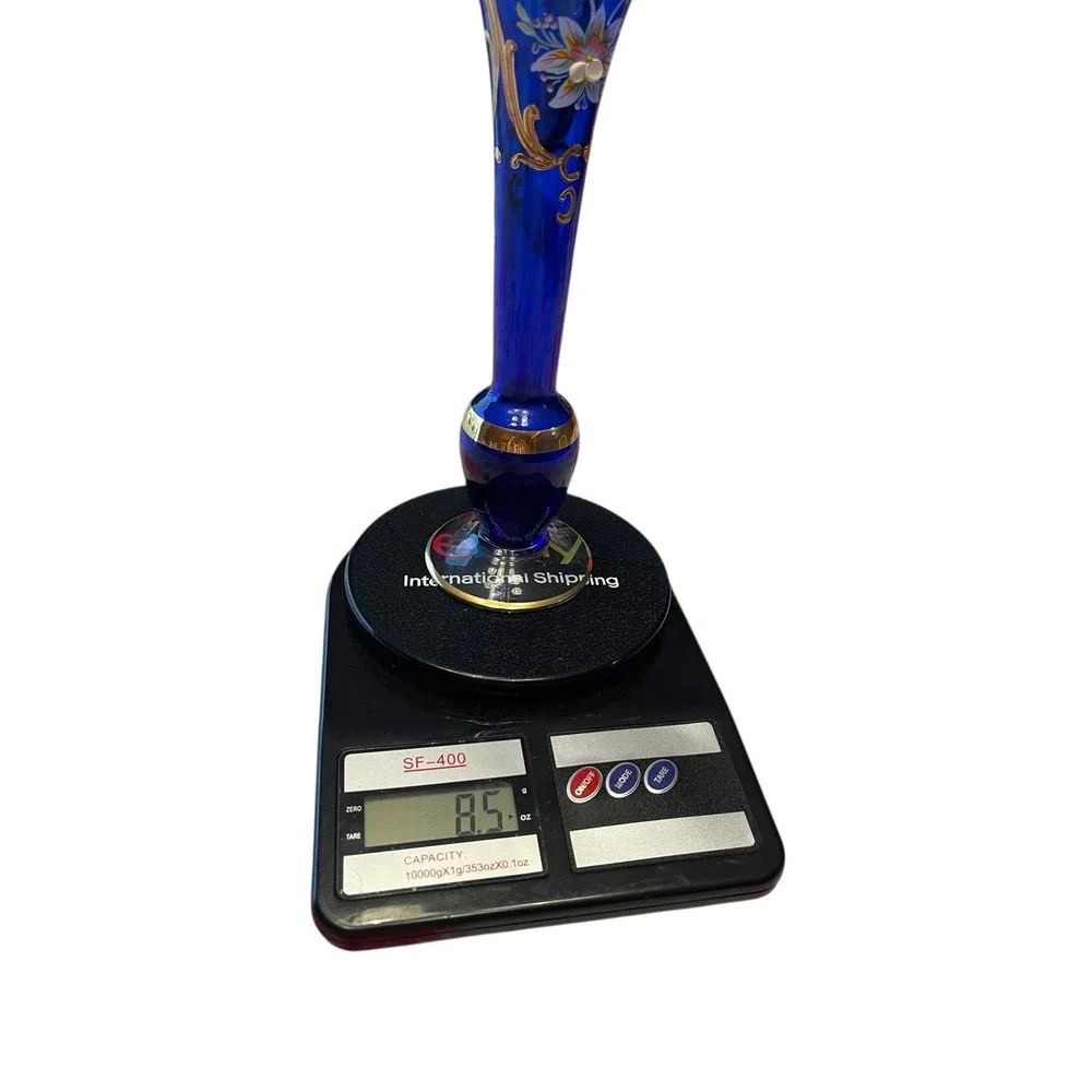 Bohemian Czech Cobalt Blue Art Glass Vase Gold Floral Trumpet 9.75